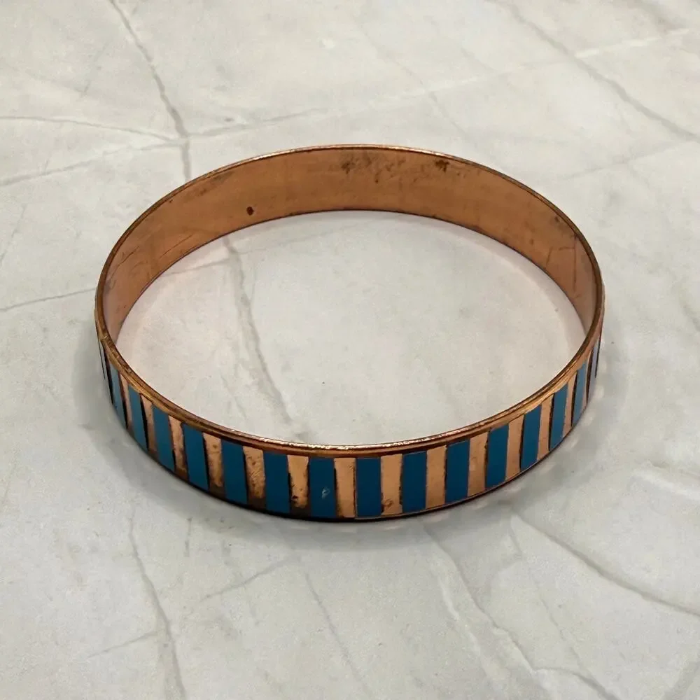 Vintage Copper Turquoise Blue Enamel Striped Bangle Bracelet MCM Boho